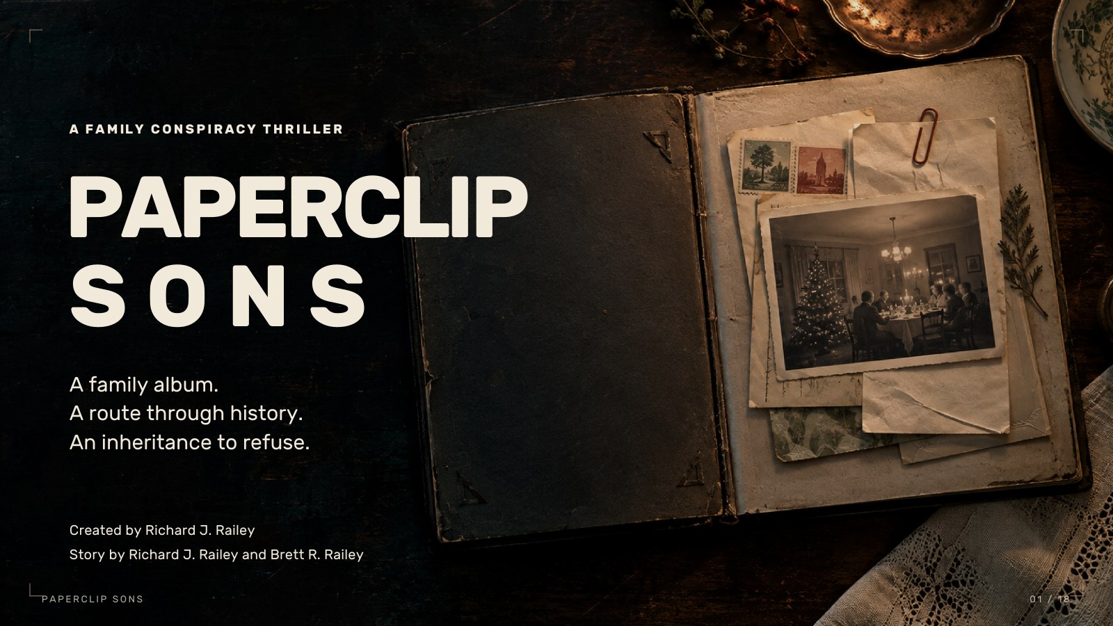 Paperclip Sons pitch-deck cover: a vintage family album with letters, stamps and an old photograph