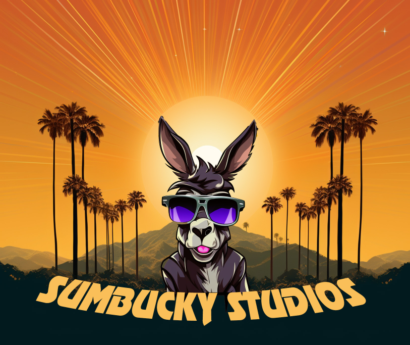 Sumbucky Studios logo: a donkey in sunglasses against golden sunshine and palm trees